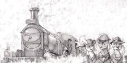 Size: 1700x841 | Tagged: safe, artist:baron engel, oc, oc:carousel, oc:petina, oc:sky brush, earth pony, pegasus, unicorn, female, male, mare, monochrome, pencil drawing, stallion, story included, traditional art, train