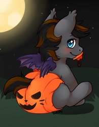 Size: 998x1280 | Tagged: safe, artist:liffu, oc, oc:stardust wayfinder, bat pony, pony, baby, baby pony, bat pony oc, bat wings, blank flank, blushing, cute, cute little fangs, diaper, ear tufts, fangs, halloween, holiday, looking back, male, night, nightmare night, pacifier, poofy diaper, smiling, wings, ych result, younger