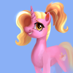 Size: 1000x1000 | Tagged: safe, artist:theo-0, luster dawn, pony, unicorn, the last problem, blue background, cute, female, grin, hair over one eye, lusterbetes, mare, signature, simple background, smiling, solo