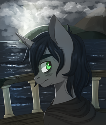 Size: 1700x2000 | Tagged: safe, artist:silbersternenlicht, oc, oc:shadow, pony, fanfic:a growing shadow, boat, fanfic, fanfic art, fanfic cover, male, ocean, solo, stallion