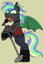 Size: 792x1136 | Tagged: safe, artist:rosefang16, derpibooru import, oc, oc only, oc:primal screech, bat pony, pony, bat pony oc, belt, bipedal, boots, choker, clothes, ear fluff, ear piercing, earring, eyes closed, eyeshadow, fangs, female, fingerless gloves, gloves, jeans, jewelry, makeup, mare, microphone, open mouth, pants, piercing, screaming, shoes, simple background, singing, solo, spiked wristband, tanktop, torn clothes, wristband, yellow background
