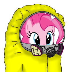 Size: 922x922 | Tagged: safe, pinkie pie, earth pony, pony, cute, female, gas mask, hazmat suit, looking at you, mare, mask, simple background, solo, transparent background