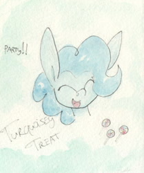 Size: 540x646 | Tagged: safe, artist:slightlyshade, oc, oc:turquoisey treat, earth pony, pony, candy, food, happy, smiling, solo, traditional art