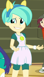 Size: 461x813 | Tagged: safe, screencap, blueberry cake, normal norman, tennis match, equestria girls, friendship games, bleachers, canterlot high, clothes, compression shorts, cropped, dress, female, male, offscreen character, shorts, skirt, smiling, solo focus, wondercolt ears, wristband