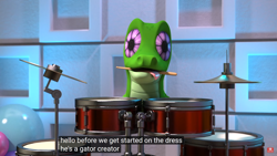 Size: 1920x1080 | Tagged: safe, edit, edited screencap, screencap, gummy, hello pinkie pie, 3d, caption, cgi, drums, drumsticks, gator creator, meme, mouth hold, musical instrument, official, tongue out, youtube caption, youtube link