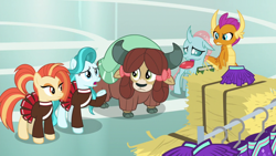 Size: 1920x1080 | Tagged: safe, screencap, lighthoof, ocellus, shimmy shake, smolder, yona, changedling, changeling, dragon, earth pony, pony, yak, 2 4 6 greaaat, bow, cheerleader outfit, clothes, cloven hooves, dragoness, female, hair bow, hay bale, monkey swings