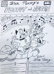 Size: 762x1048 | Tagged: safe, artist:debmervin, oc, oc:fluffy the cat, oc:mervin mouse, oc:turtle chaser, earth pony, pony, carousel, comic, comic book cover, monochrome, music notes, traditional art, webcomic