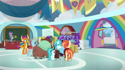 Size: 1920x1080 | Tagged: safe, screencap, lighthoof, ocellus, shimmy shake, smolder, snips, yona, changedling, changeling, dragon, earth pony, pegasus, pony, unicorn, yak, 2 4 6 greaaat, bow, cheerleader outfit, clothes, cloven hooves, colt, dragoness, female, flying, hair bow, hat, hay bale, male, mare, monkey swings, technically an upskirt shot