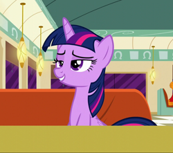 Size: 814x721 | Tagged: safe, screencap, twilight sparkle, twilight sparkle (alicorn), alicorn, pony, the saddle row review, cropped, diner, female, horn, lidded eyes, mare, sitting, smiling, smirk, smuglight sparkle, solo, wings