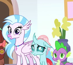 Size: 1192x1068 | Tagged: safe, screencap, ocellus, silverstream, spike, yona, dragon, a matter of principals, cropped, cute, diaocelles, diastreamies, offscreen character, smiling