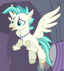 Size: 529x584 | Tagged: safe, screencap, maud pie, terramar, classical hippogriff, hippogriff, student counsel, claws, cropped, flying, jewelry, male, necklace, offscreen character, solo focus, wings