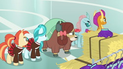 Size: 1920x1080 | Tagged: safe, screencap, lighthoof, ocellus, shimmy shake, smolder, yona, changedling, changeling, dragon, earth pony, pony, yak, 2 4 6 greaaat, bow, cheerleader outfit, clothes, cloven hooves, dragoness, female, hair bow, hay bale, monkey swings