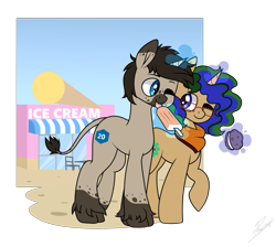 Size: 757x677 | Tagged: safe, artist:thepascaal, oc, oc only, oc:mind gate, pony, unicorn, bandana, beach, cute, cutie mark, food, gay, glasses, ice cream, magic, male, shipping, simple background, stallion, transparent background, two toned mane