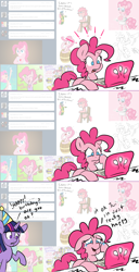 Size: 864x1684 | Tagged: safe, artist:pippy, pinkie pie, twilight sparkle, pony, apron, clothes, comic, hat, party hat, pinkiepieskitchen, teary eyes