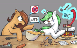 Size: 2235x1386 | Tagged: safe, artist:norcinu, oc, oc only, oc:caramel slice, oc:emerald glitter, earth pony, unicorn, brush, cake, female, food, rolling pin, scissors, solo, spoon, traditional art, wtf