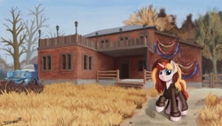 Size: 1187x673 | Tagged: safe, artist:sa1ntmax, oc, oc only, oc:scarlet serenade, pony, unicorn, fallout, fallout 76, female, house, mare, pickup truck, solo, wasteland