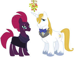 Size: 2092x1595 | Tagged: safe, fizzlepop berrytwist, prince blueblood, tempest shadow, berryblood, christmas, crack shipping, female, hearth's warming, holiday, male, mistleholly, shipping, straight