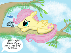 Size: 2592x1944 | Tagged: safe, artist:suntwirler, fluttershy, bird, pegasus, pony, bird nest, female, filly, filly fluttershy, hiding, solo, tree, tree branch, younger