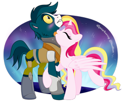 Size: 2144x1772 | Tagged: safe, artist:raspberrystudios, oc, oc:aurelia charm, alicorn, pony, alicorn oc, avocato (final space), blushing, final space, licking, lip bite, neck licking, ponified, space, tongue out