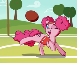 Size: 1280x1051 | Tagged: safe, artist:lockheart, pinkie pie, earth pony, pony, buckball season, 30 minute art challenge, alternate hairstyle, ball, buckball, buckball uniform, colored pupils, cute, diapinkes, female, mare, one eye closed, open mouth, pinktails pie, solo, tree, wink