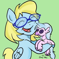 Size: 2048x2048 | Tagged: safe, artist:amynewblue, silverstream, oc, oc only, oc:cloud cuddler, pegasus, pony, cute, eyes closed, glasses, hug, open mouth, plushie