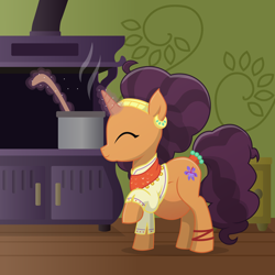 Size: 10800x10800 | Tagged: safe, artist:xniclord789x, saffron masala, pony, absurd resolution, cooking, eyes closed, magic, pot, pregnant, raised hoof, stirring, telekinesis