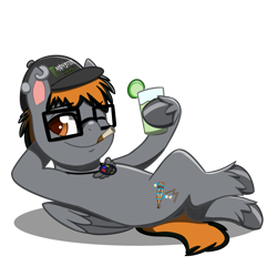 Size: 4093x4093 | Tagged: safe, artist:jcosneverexisted, oc, oc only, oc:lightning blaze, pony, my little pony: pony life, cigarette, drink, glasses, hat, looking at you, lying, male, one eye closed, simple background, solo, stallion, transparent background, unshorn fetlocks