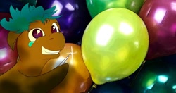 Size: 1024x540 | Tagged: safe, artist:rusreality, oc, oc only, earth pony, balloon, balloon popping, needle, popping, smiling, smirk, solo