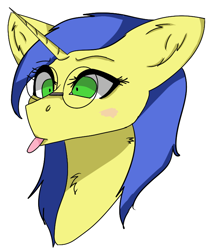 Size: 600x720 | Tagged: safe, artist:tealeav3s, oc, oc only, oc:logical leap, pony, unicorn, bust, female, glasses, mare, portrait, simple background, solo, tongue out, white background