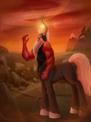 Size: 1875x2500 | Tagged: safe, alternate version, artist:mmeloman, derpibooru import, lord tirek, centaur, season 4, twilight's kingdom, glowing eyes, male, mountain, sun