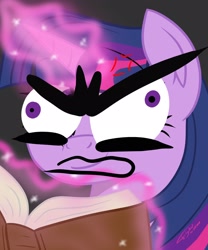 Size: 1706x2048 | Tagged: safe, alternate version, artist:flywheel, twilight sparkle, unicorn, book, bust, funny, solo