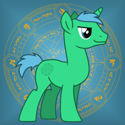 Size: 2000x2000 | Tagged: safe, artist:hybrid-changling, oc, oc only, oc:cloud calculation, pony, unicorn, cutie mark background, gradient background, horn, magic, magic circle, male, runes, solo, stallion, unicorn oc