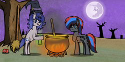 Size: 3500x1755 | Tagged: safe, artist:nguyendeliriam, nightmare moon, oc, oc:moonlit silver, oc:smooth walker, pony, cauldron, fire, hat, headphones, potion, purple background, simple background, witch hat