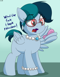 Size: 2366x3058 | Tagged: safe, artist:an-tonio, oc, oc only, oc:delta vee, pegasus, pony, alternate hairstyle, bracelet, ear piercing, female, glasses, housewife, jewelry, lipstick, mare, necklace, pearl necklace, piercing, solo, speech, vulgar, wing hands, wings