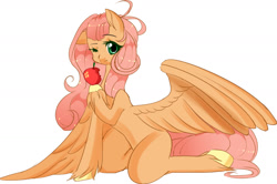 Size: 1424x945 | Tagged: safe, artist:clefficia, oc, oc only, oc:sunshine apple shy, pegasus, pony, apple, blank flank, eating, female, food, freckles, kneeling, mare, offspring, one eye closed, one wing out, parent:big macintosh, parent:fluttershy, parents:fluttermac, simple background, solo, unshorn fetlocks, white background, wings