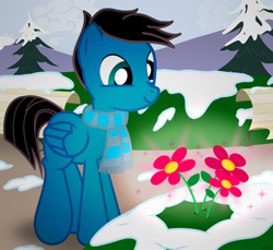 Size: 3600x3300 | Tagged: safe, artist:agkandphotomaker2000, oc, oc:pony video maker, pegasus, pony, bench, blooming flowers, clothes, flower, pine tree, scarf, snow, spring, transition, tree, winter