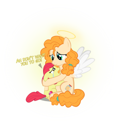 Size: 4198x4468 | Tagged: safe, artist:mrkat7214, apple bloom, pear butter, earth pony, pony, absurd resolution, angelic wings, crying, dialogue, duo, feels, female, filly, halo, hug, mare, mother and child, mother and daughter, parent and child, sad, simple background, teary eyes, transparent background, vector, wings