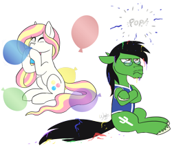 Size: 1280x1096 | Tagged: safe, artist:wiggles, oc, oc:bubble burst, oc:cactus needles, pony, balloon, balloon popping, beard, blowing up balloons, clothes, crossed arms, duo, facial hair, female, glasses, male, mare, moustache, popping, sitting, stallion, unamused, unshorn fetlocks