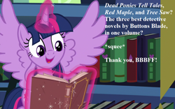 Size: 1152x720 | Tagged: safe, edit, edited screencap, screencap, twilight sparkle, twilight sparkle (alicorn), alicorn, pony, best gift ever, book, cropped, cute, implied oc, implied shining armor, magic, magic aura, speech, squee, that pony sure does love books, twiabetes