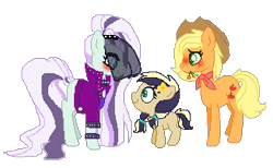 Size: 328x202 | Tagged: safe, artist:lilysponees, derpibooru import, applejack, coloratura, earth pony, pony, applejack's hat, blushing, countess coloratura, cowboy hat, family, female, flower, hat, lesbian, magical lesbian spawn, mare, mouth hold, offspring, parent:applejack, parent:coloratura, parents:rarajack, rarajack, shipping, simple background, transparent background