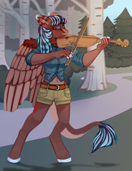 Size: 2975x3850 | Tagged: safe, artist:keluturtle, oc, oc only, anthro, pegasus, unguligrade anthro, anthro oc, clothes, female, leonine tail, mare, park, solo, violin, ych result