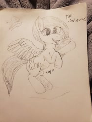 Size: 3024x4032 | Tagged: safe, artist:kalashnikitty, oc, oc only, oc:flugel, pegasus, pony, black and white, female, grayscale, happy, horse taxes, mare, monochrome, sketch, solo, taxes, traditional art
