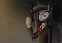 Size: 1754x1240 | Tagged: safe, artist:hugo231929, derpibooru import, oc, oc only, oc:perl tech, earth pony, semi-anthro, clothes, female, flower, gun, handgun, hoof hold, mare, necktie, pistol, rose, rust, shadow, shrunken pupils, solo, suit, suppressor