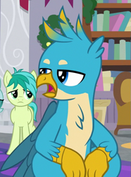 Size: 477x642 | Tagged: safe, derpibooru import, screencap, gallus, ocellus, sandbar, changedling, changeling, earth pony, griffon, pony, the hearth's warming club, chest fluff, claws, cropped, male, offscreen character, wings