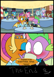 Size: 2150x3035 | Tagged: safe, artist:noidavaliable, derpibooru import, gallus, ocellus, pinkie pie, sandbar, silverstream, smolder, spike, yona, dragon, earth pony, pony, blushing, cake, clothes, dragoness, dress, female, food, kiss on the cheek, kissing, male, princess smolder, shipping, spolder, straight, student six, tea party, tuxedo, winged spike