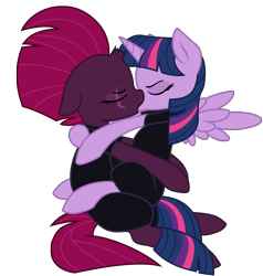 Size: 6613x6950 | Tagged: safe, alternate version, artist:ejlightning007arts, artist:lullabyprince, tempest shadow, twilight sparkle, twilight sparkle (alicorn), alicorn, pony, unicorn, base used, broken horn, clothes, eye scar, eyes closed, female, horn, jumpsuit, kissing, lesbian, scar, shipping, simple background, sitting, tempestlight, transparent background, vector, wings