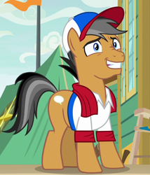 Size: 614x717 | Tagged: safe, screencap, quibble pants, earth pony, pony, common ground, cap, cropped, grin, hat, nervous, nervous grin, smiling, solo, tent