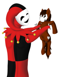 Size: 2000x2000 | Tagged: safe, artist:tunrae, oc, oc:mfa, hybrid, pony, cutie mark, dangling, held up, holding a pony, humanoid, jester, mask, non-mlp oc, simple background, transparent background