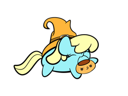 Size: 2560x1920 | Tagged: safe, artist:kimjoman, sassaflash, pegasus, pony, background pony, chubbie, cute, eyes closed, female, hat, mare, mouth hold, pumpkin bucket, simple background, transparent background, witch hat, ych result