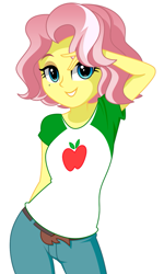 Size: 835x1388 | Tagged: safe, artist:rosemile mulberry, applejack, vignette valencia, better together, equestria girls, rollercoaster of friendship, beauty mark, bedroom eyes, belt, clothes, clothes swap, female, jeans, pants, shirt, simple background, smiling, solo, t-shirt, white background